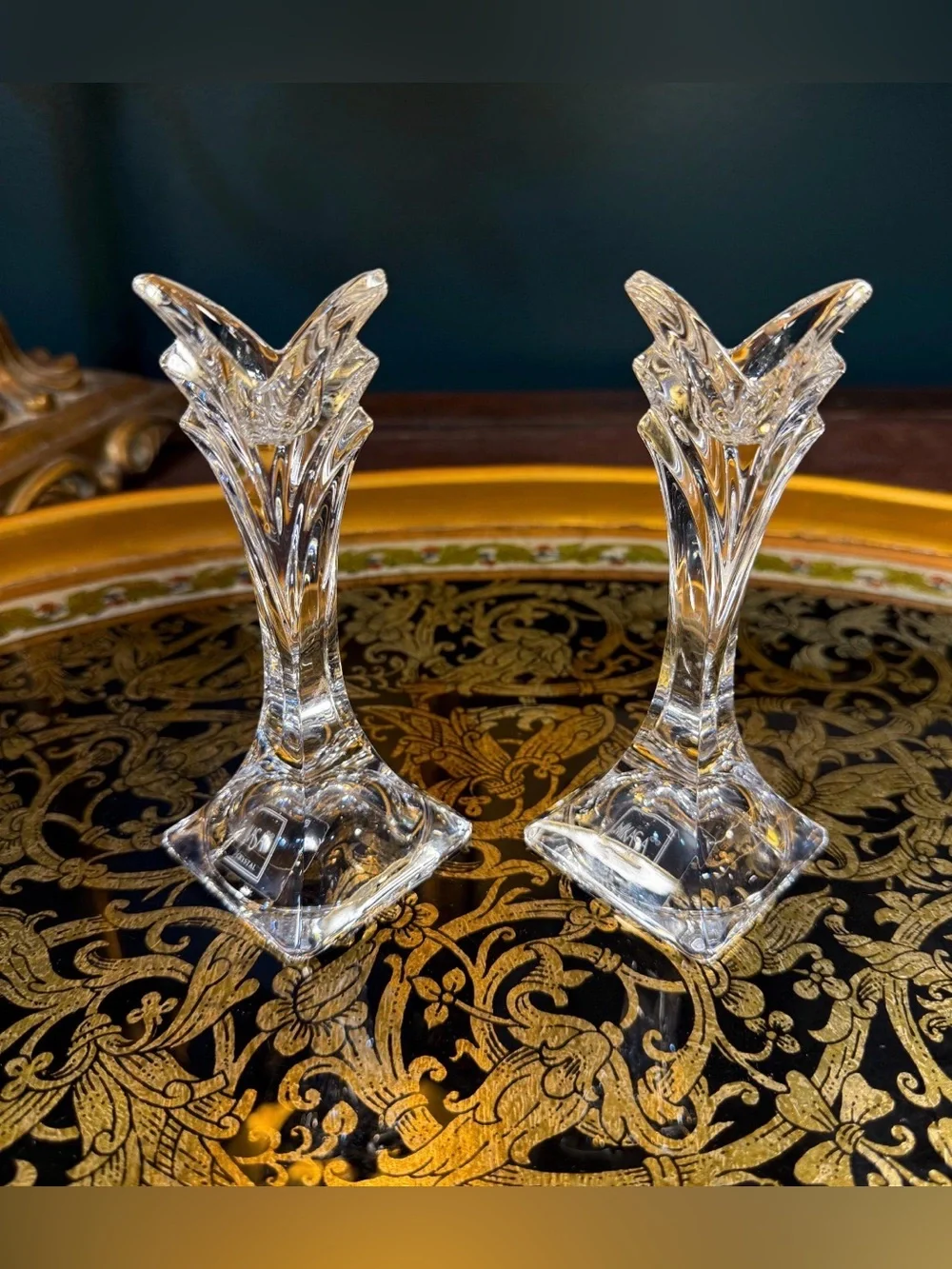 Pair Of Vintage Mikasa Deco Fine Lead Crystal Candlestick Holders 5” EUC